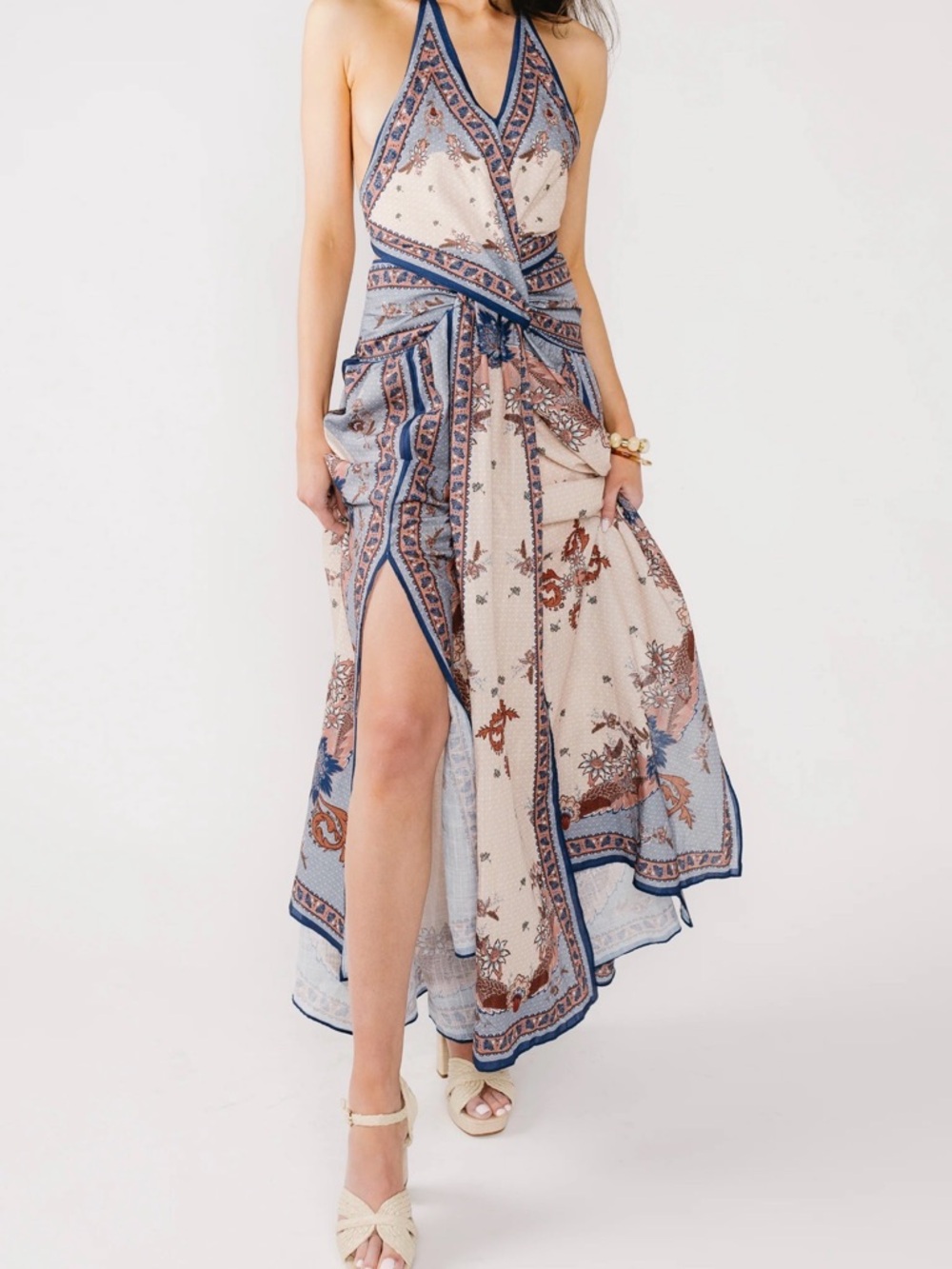 Zimmerman Dupe - Vestique Blue and Cream Halter Asymmetrical Maxi Dress - Picture 3 of 4